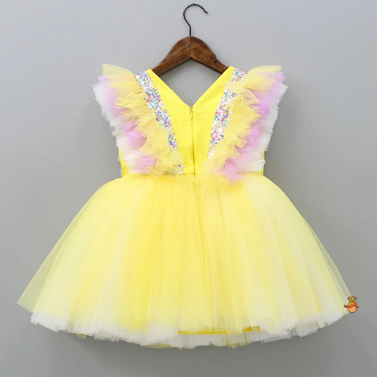 Frilly Sequin Work Yellow Dress With Matching Hair Clip