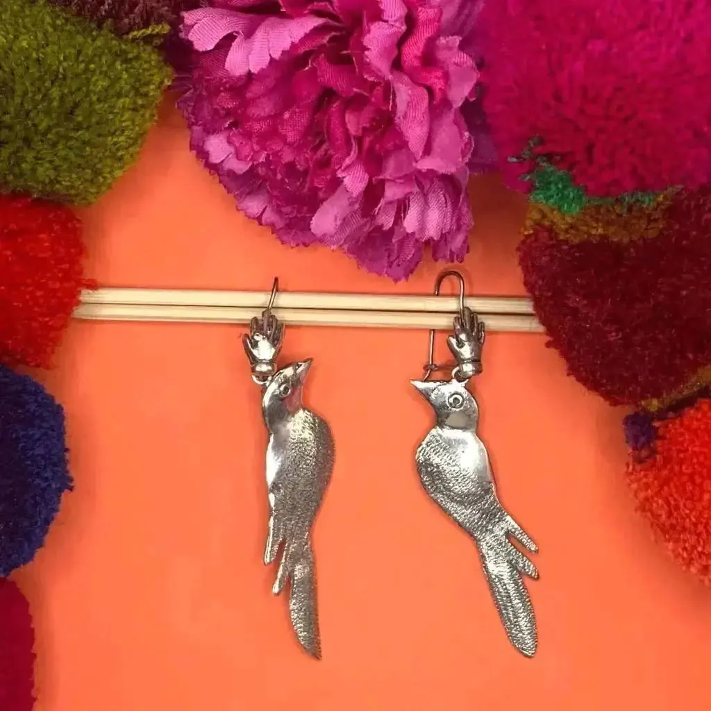 Mexican silver filigree bird earrings, Frida earrings