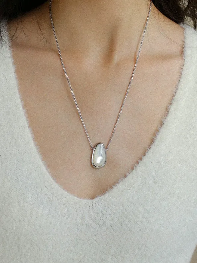 Minimalist 925 Silver Wood Grain Stone White Mother of Pearls Necklace