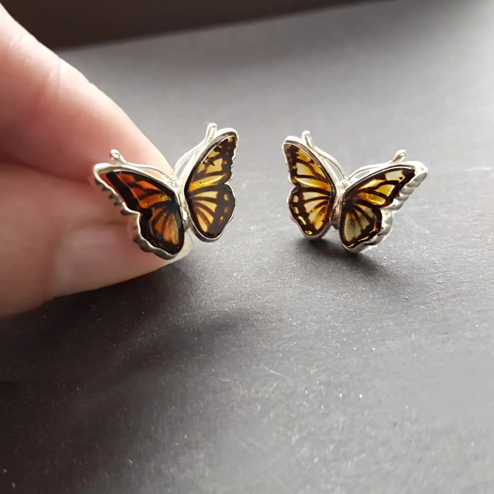 Monarch Butterfly Earrings, Sterling Silver and Amber Butterfly Studs