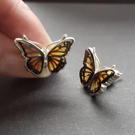 Monarch Butterfly Earrings, Sterling Silver and Amber Butterfly Studs