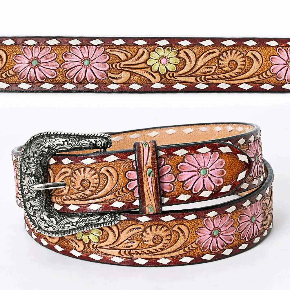 Pink and Yellow Flowers on Tooled Leather Brown Belt - Western Belts for Cowgirls