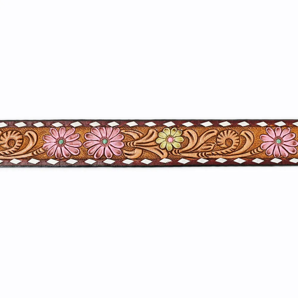 Pink and Yellow Flowers on Tooled Leather Brown Belt - Western Belts for Cowgirls