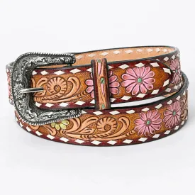 Pink and Yellow Flowers on Tooled Leather Brown Belt - Western Belts for Cowgirls