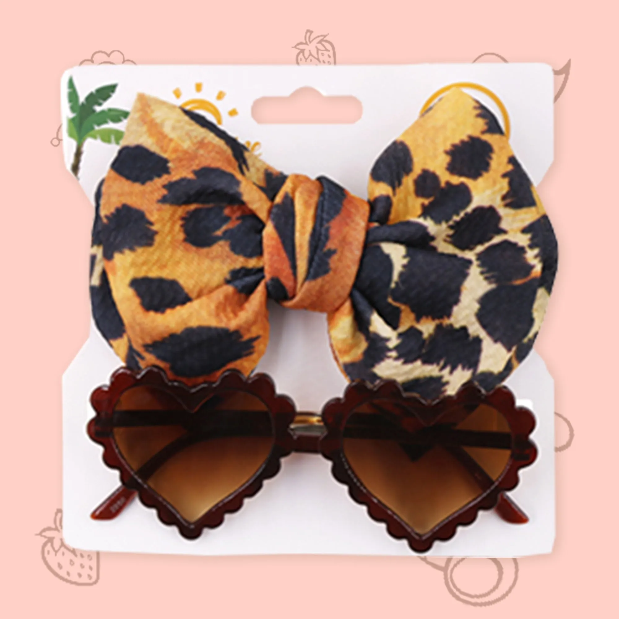 Polka Tots Free Size Leopard Bow Headband & Heart Sunglass Set - Brown