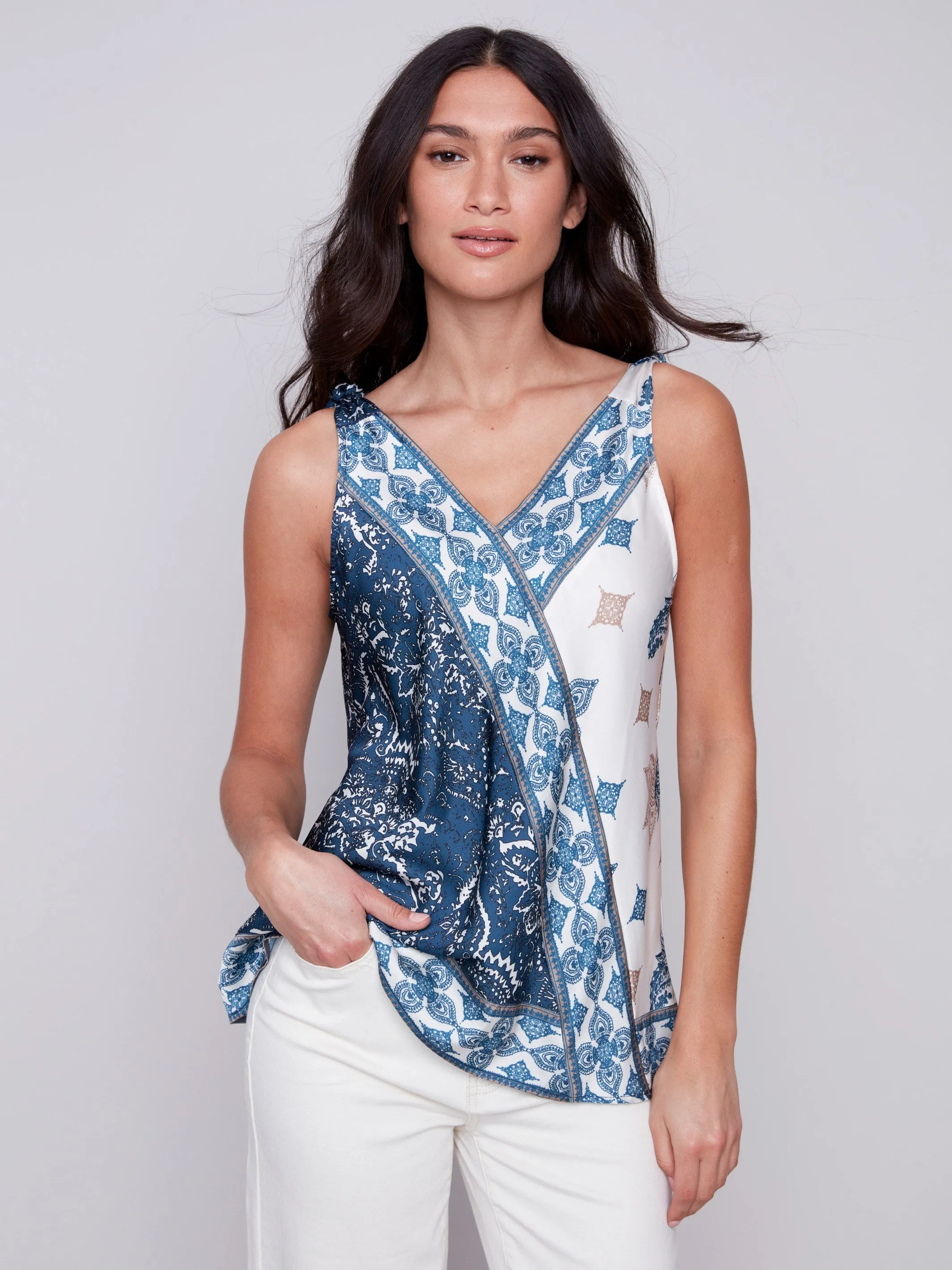 Printed Tie-Shoulder Satin Top - Paisley