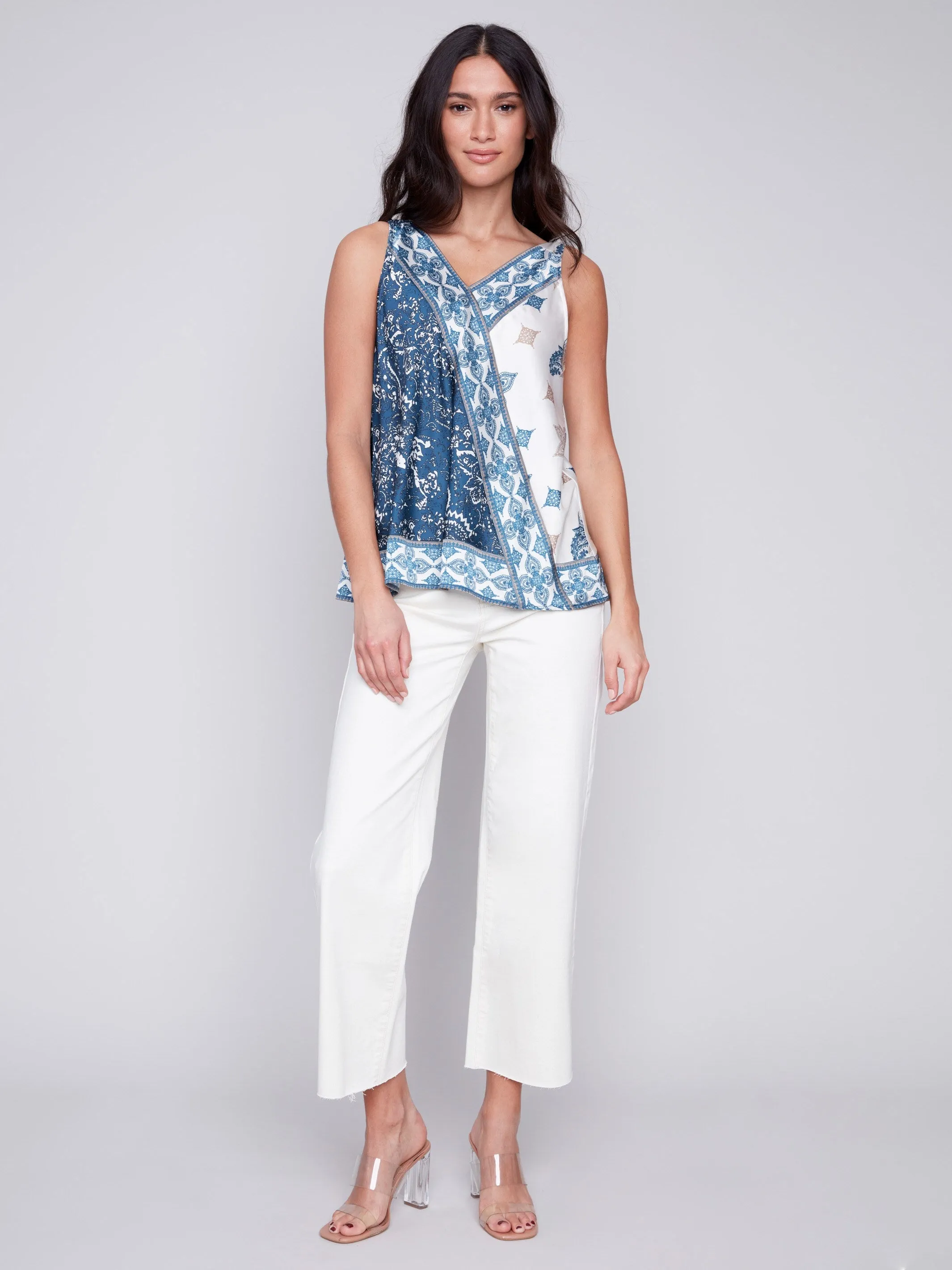 Printed Tie-Shoulder Satin Top - Paisley