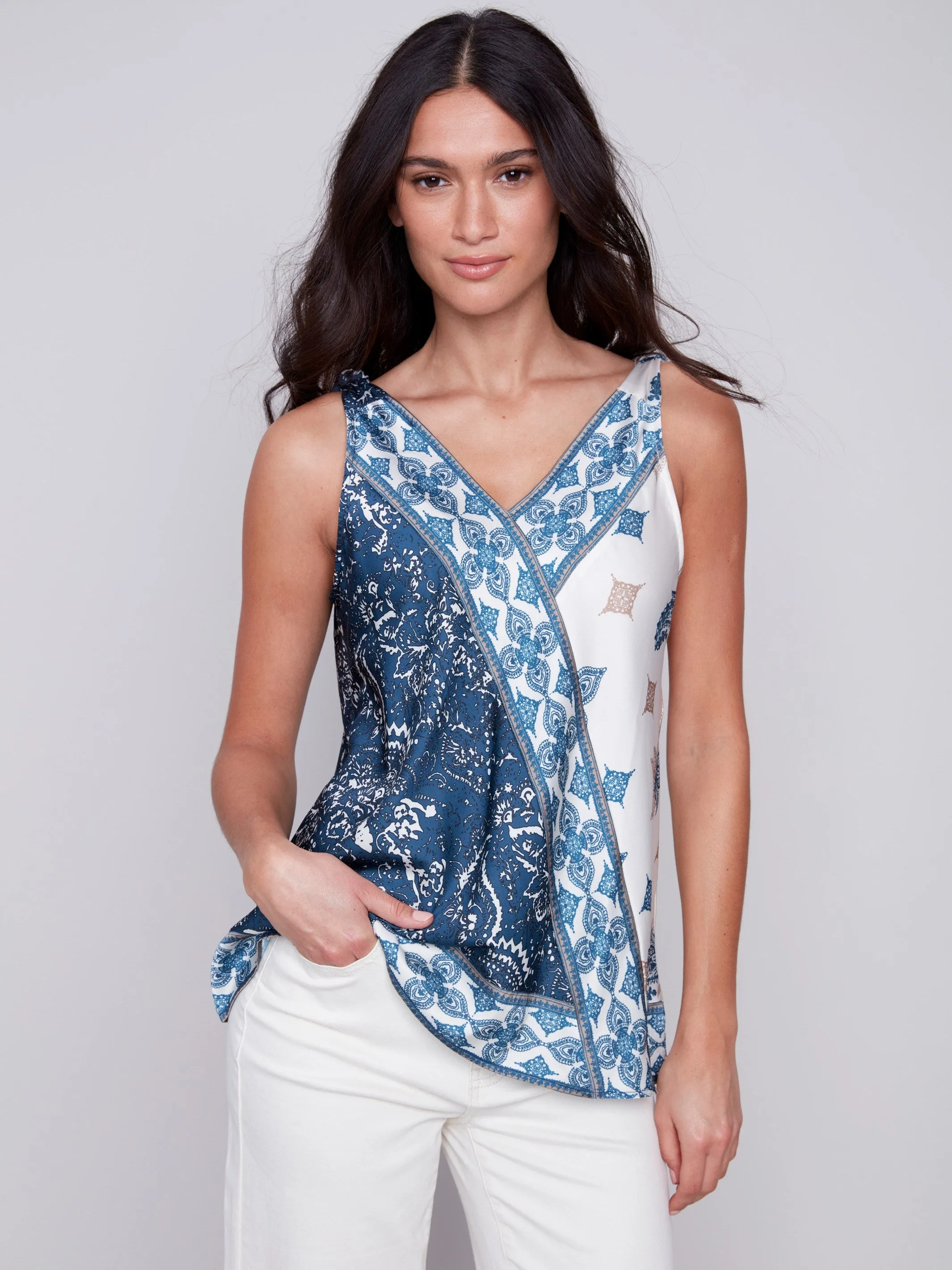 Printed Tie-Shoulder Satin Top - Paisley