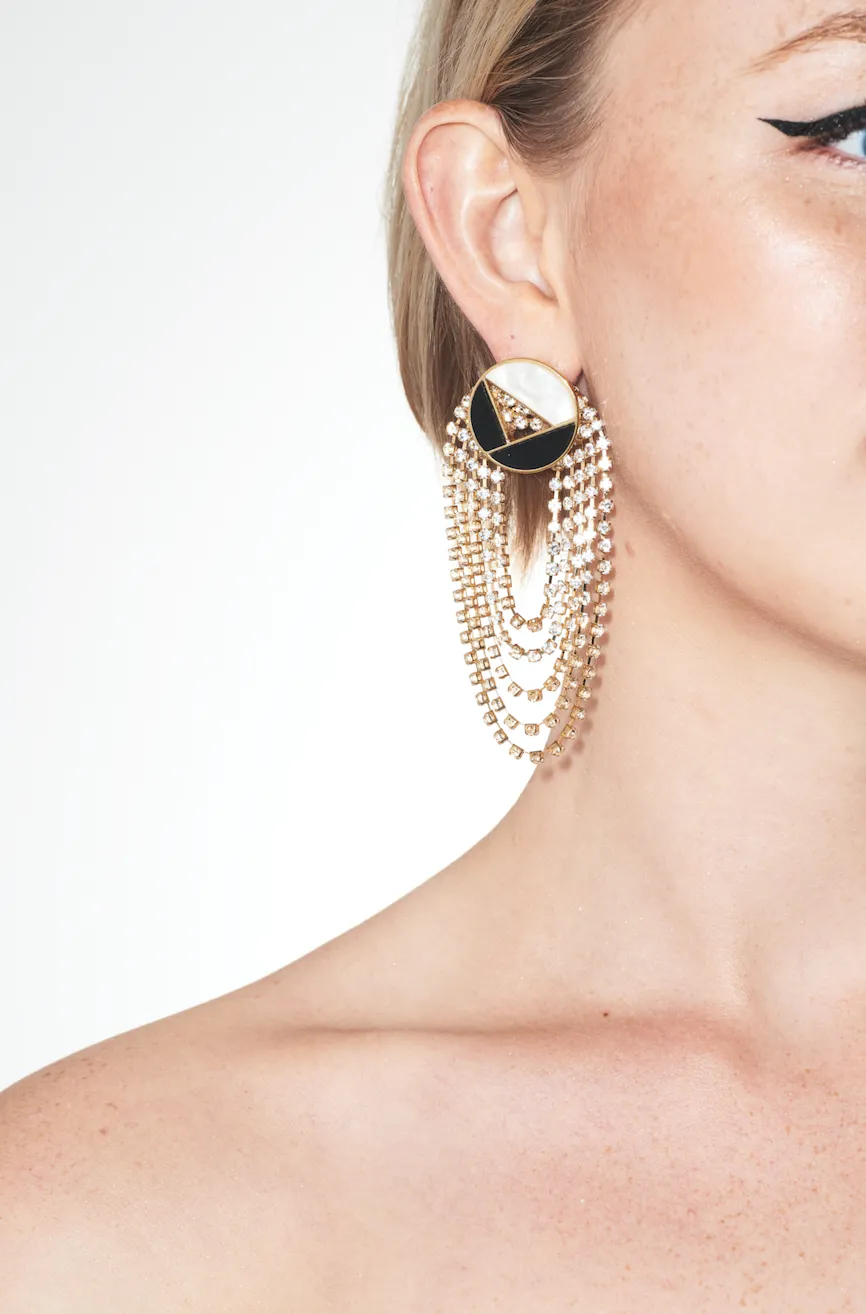 ROUND STUD CHAIN CYRSTAL DROP EARRINGS