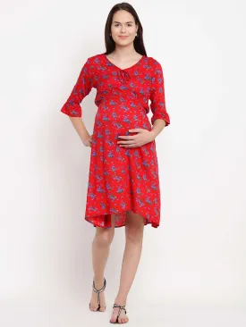 Side Knot by mine4nine Women's Maternity Red Sustainable Rayon Maternity Dress