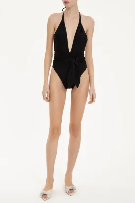 Solid Halterneck Swimsuit With Knot