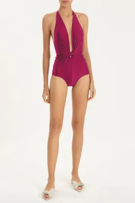 Solid Halterneck Swimsuit With Knot