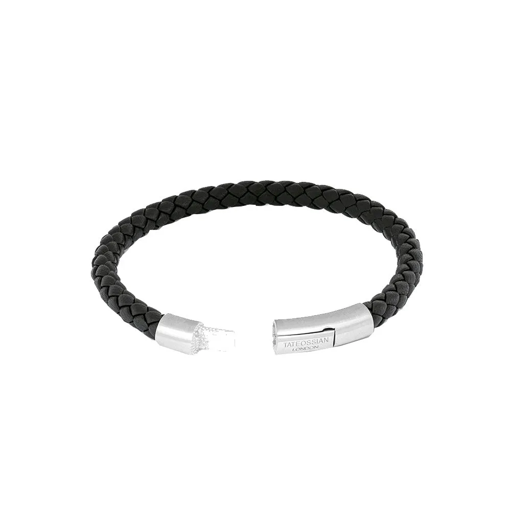 Sterling Silver Mens Braided Black Leather Bracelet