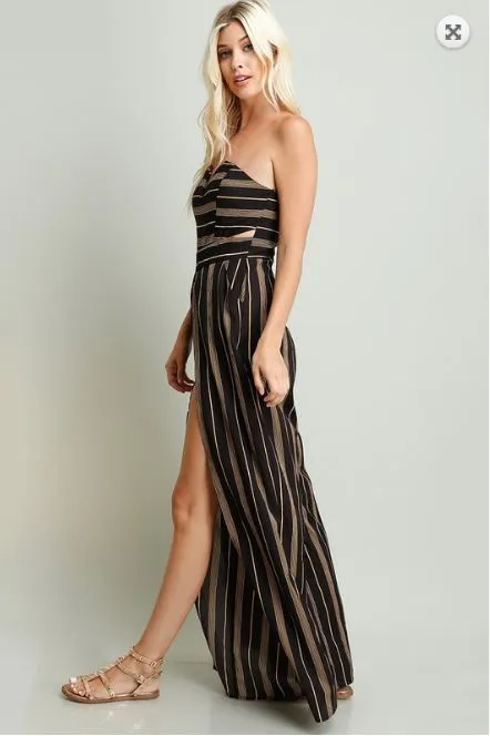 Strapless Striped Split Leg Jumpsuit