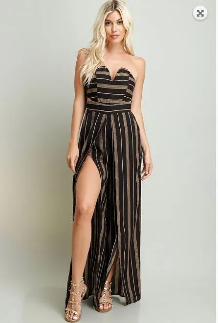 Strapless Striped Split Leg Jumpsuit