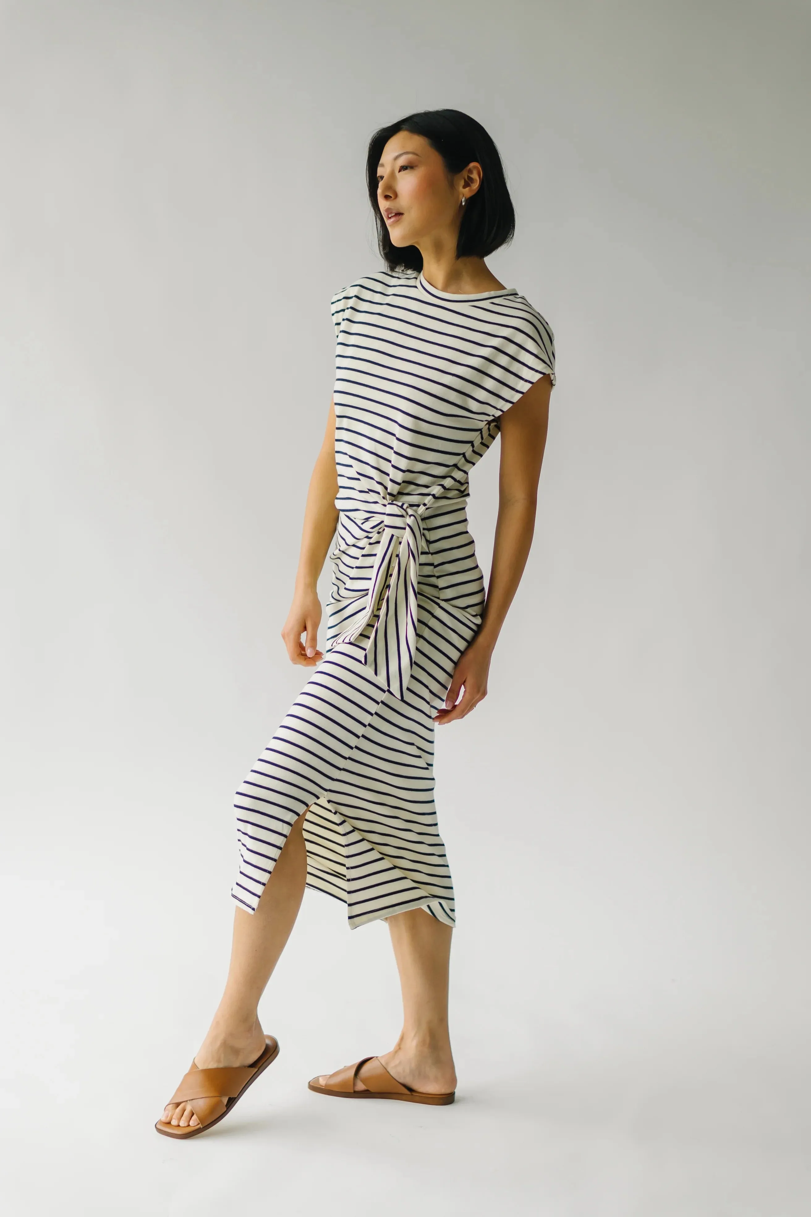 Stripe Knot Detail Dress in white/navy by Miou Muse