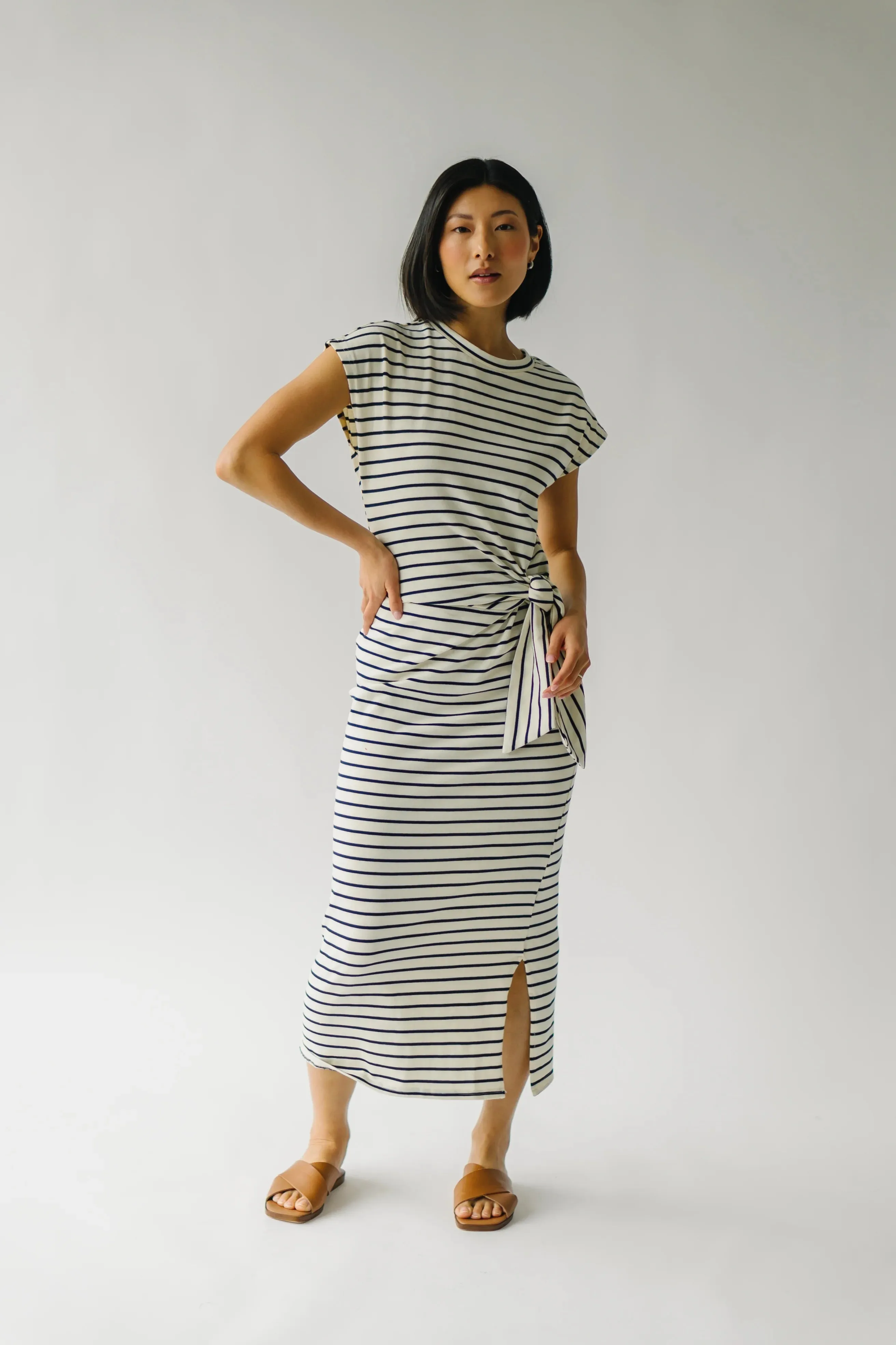 Stripe Knot Detail Dress in white/navy by Miou Muse