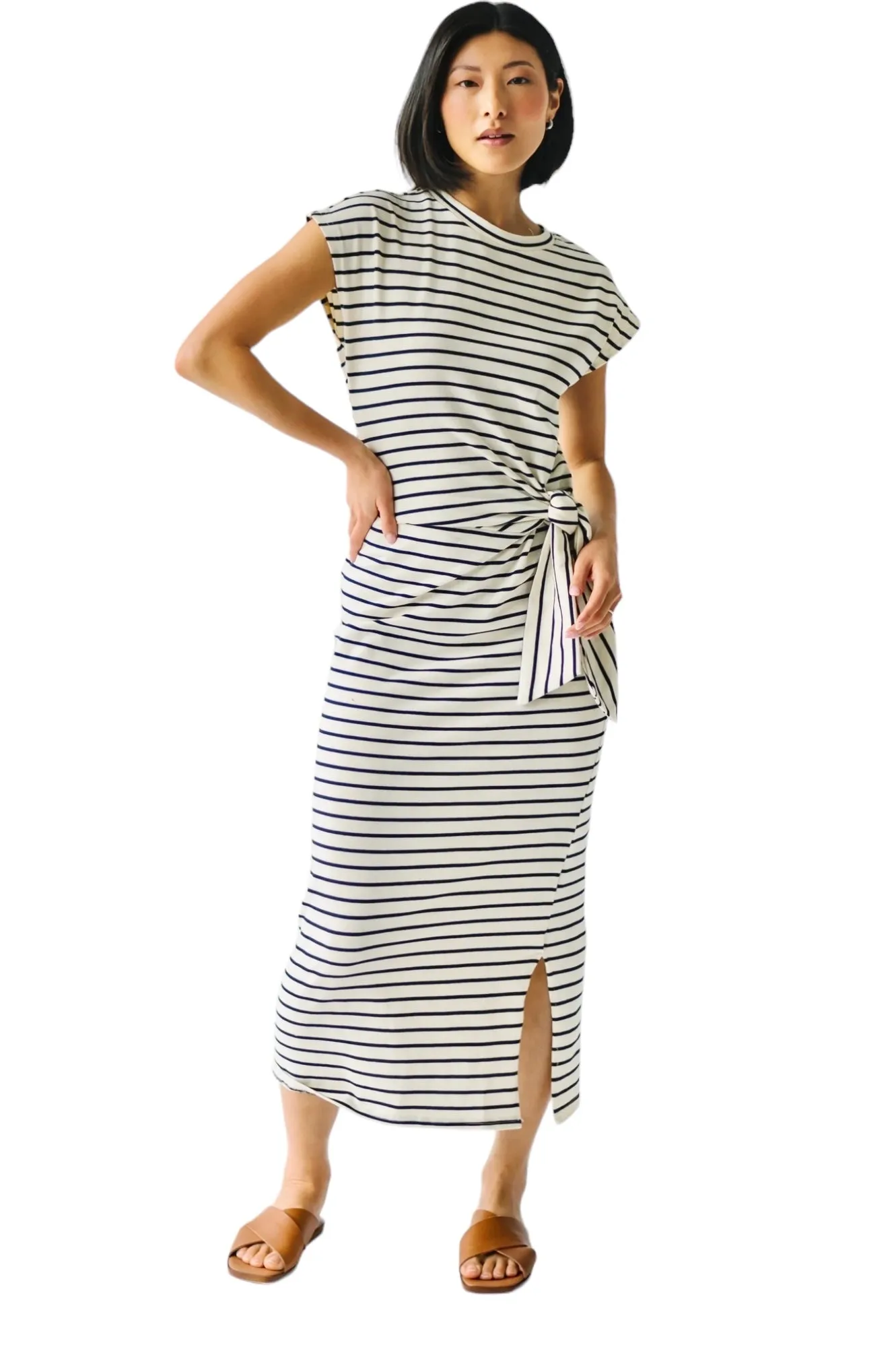 Stripe Knot Detail Dress in white/navy by Miou Muse