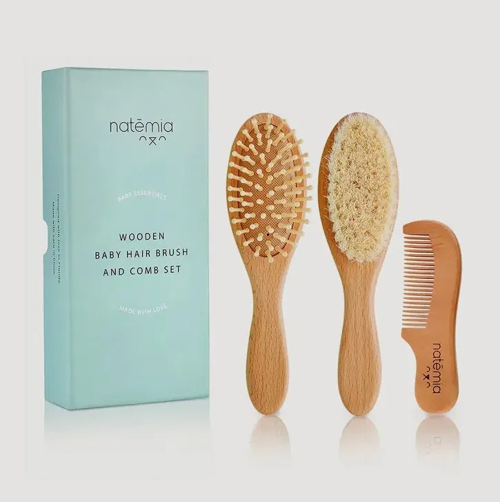 Wooden Baby Hairbrush Set with Natural Bristles